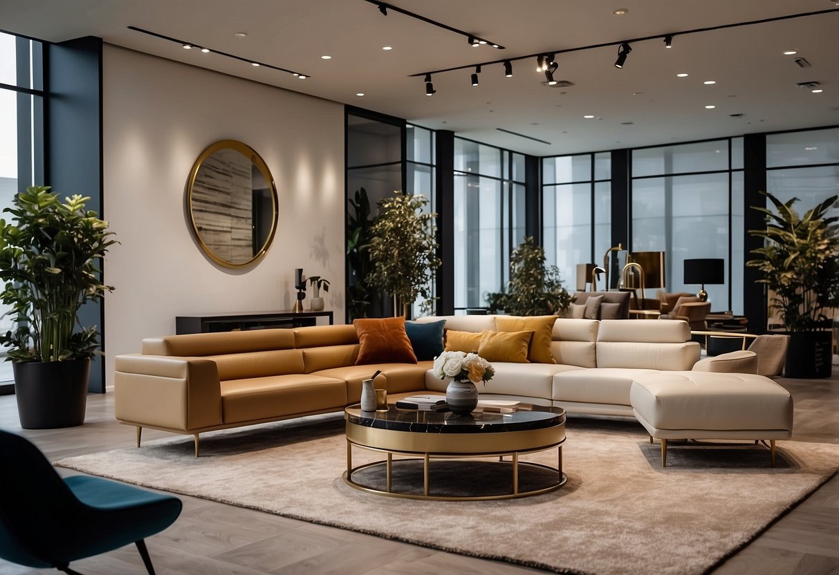 A showroom filled with sleek, modern Italian furniture brands, featuring clean lines, luxurious materials, and elegant craftsmanship