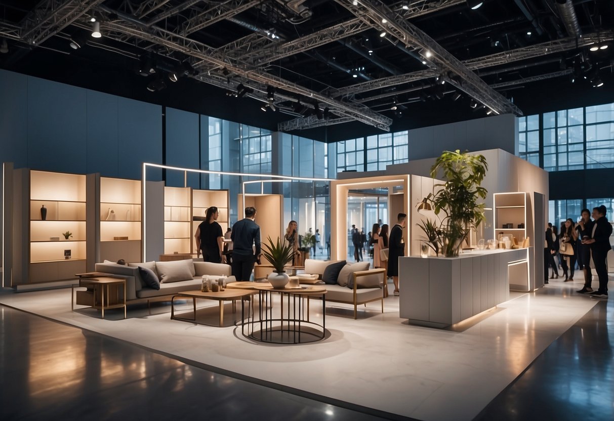 The exhibition hall is filled with sleek modern furniture, bathed in soft lighting. Visitors admire the elegant designs and innovative craftsmanship on display