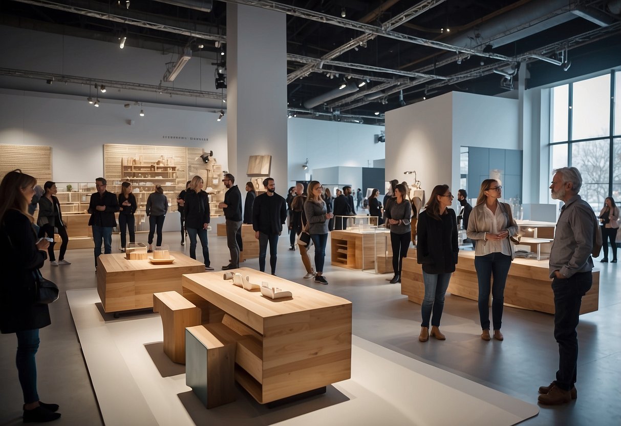 A bustling exhibition hall filled with innovative furniture prototypes and designers from around the world. Judges scrutinize each piece while visitors admire the creativity on display