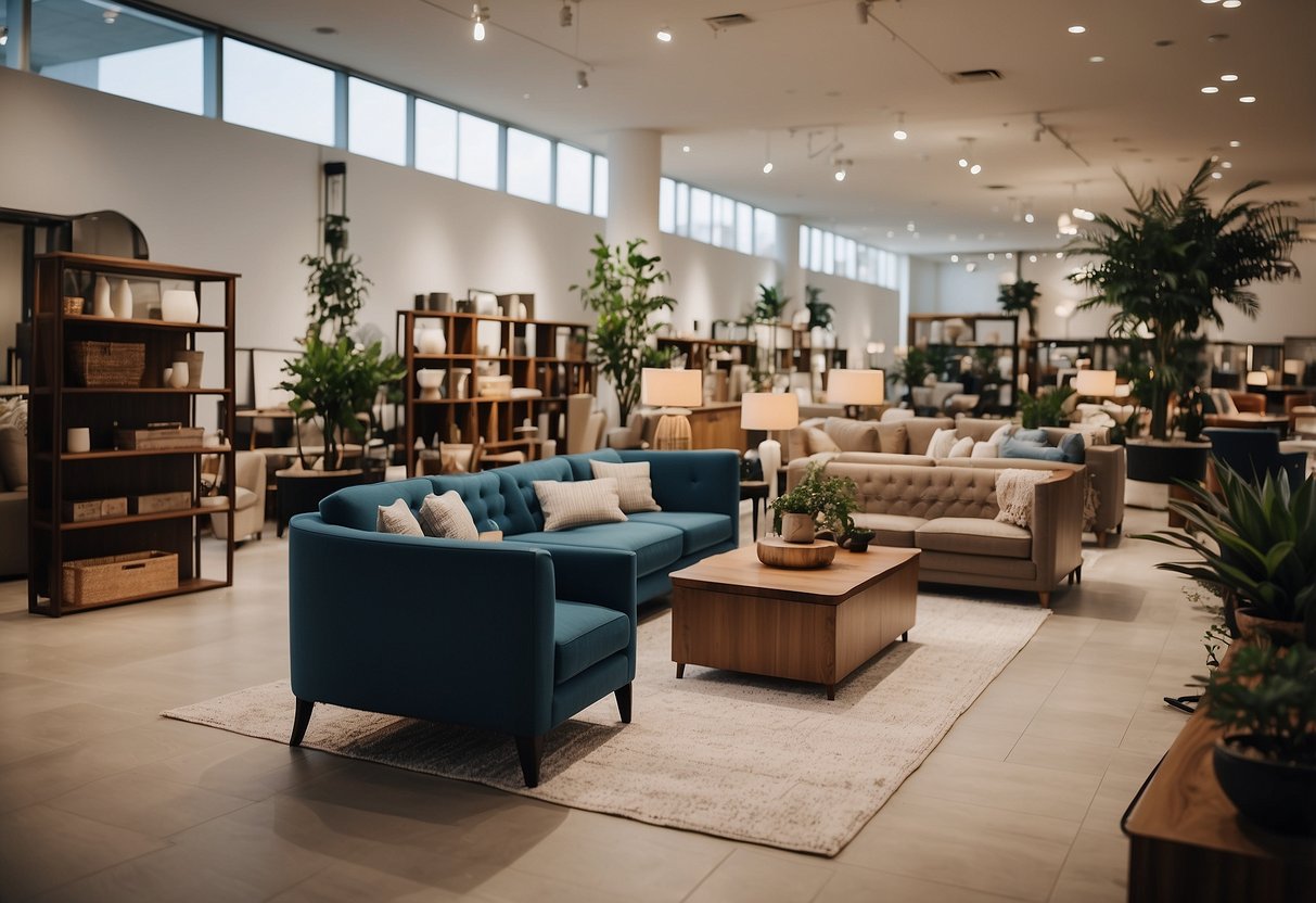 Customers browsing furniture displays in a spacious showroom with neatly arranged seating areas and shelves of home decor