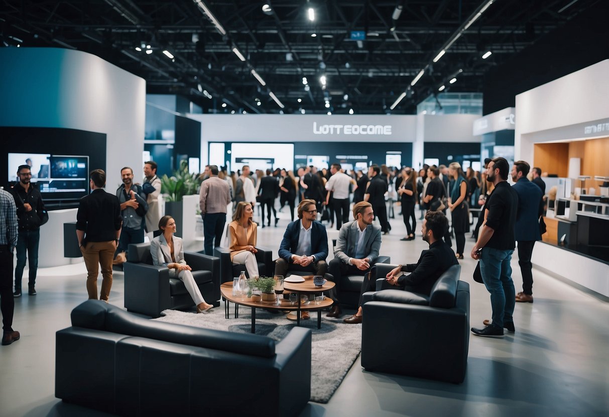 A crowded exhibition hall with sleek, modern furniture displays and designers networking