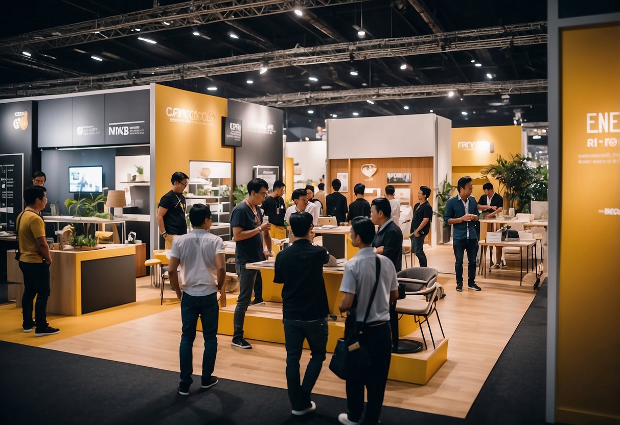 Exhibitors showcase modern furniture at Jakarta fair. Visitors browse displays and engage in industry discussions