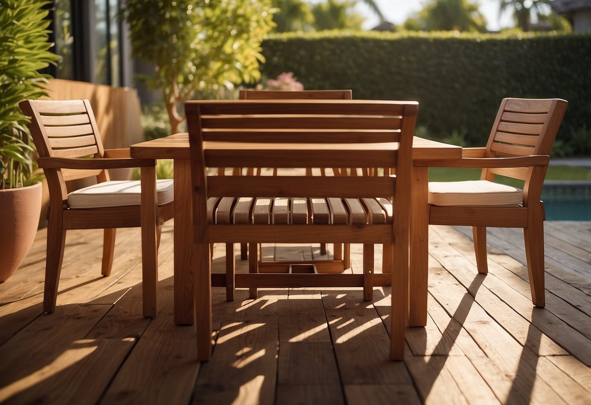 A teak java teak furniture set sits on a patio, bathed in warm sunlight. The smooth, rich wood is well-maintained, with a glossy finish and clean lines