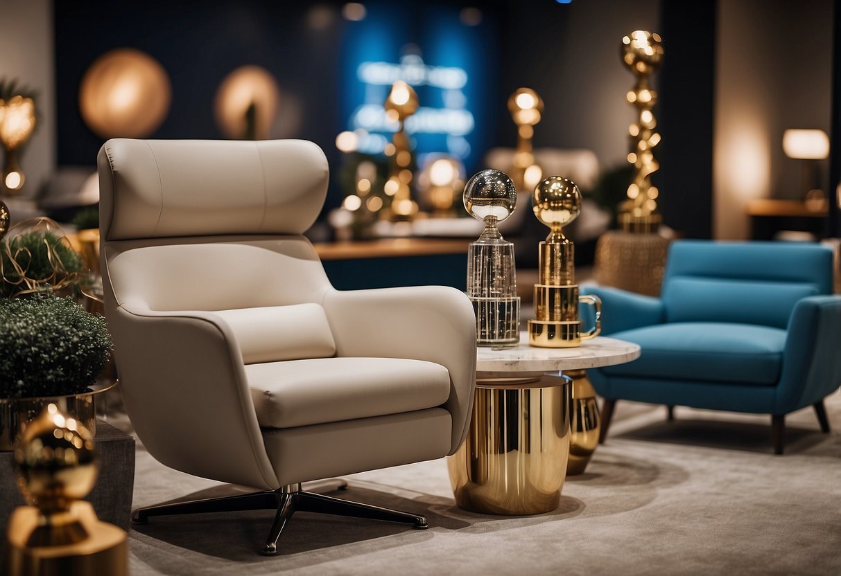 A sleek, modern chair stands out among a sea of innovative furniture designs, surrounded by trophies and accolades from an international competition