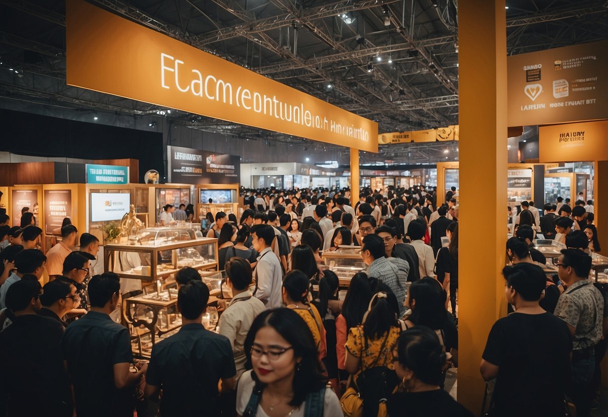 A bustling furniture fair in Jakarta, with booths showcasing modern and traditional pieces. Crowds browse and interact with vendors, while colorful banners and signs fill the space
