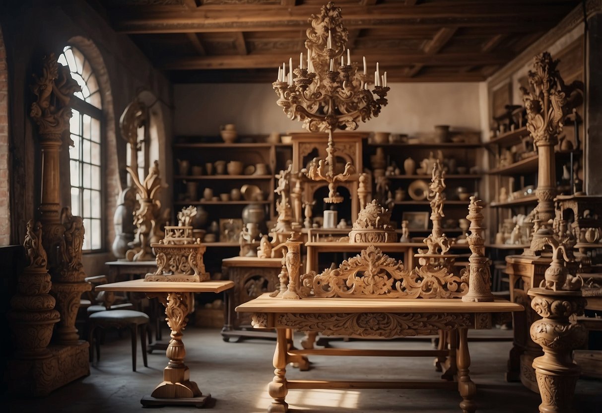 A workshop filled with intricate wood carvings, ornate detailing, and skilled artisans crafting elegant Italian furniture pieces