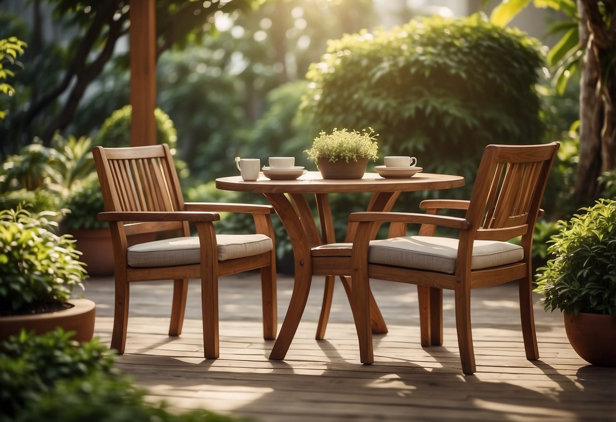 A cozy outdoor patio with a table and chairs made of rich, warm-toned java teak wood. The furniture is surrounded by lush greenery and dappled sunlight, creating a peaceful and inviting atmosphere