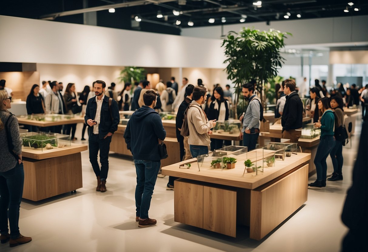 A bustling exhibition hall with diverse furniture designs on display, surrounded by eager visitors and judges engaged in lively discussions