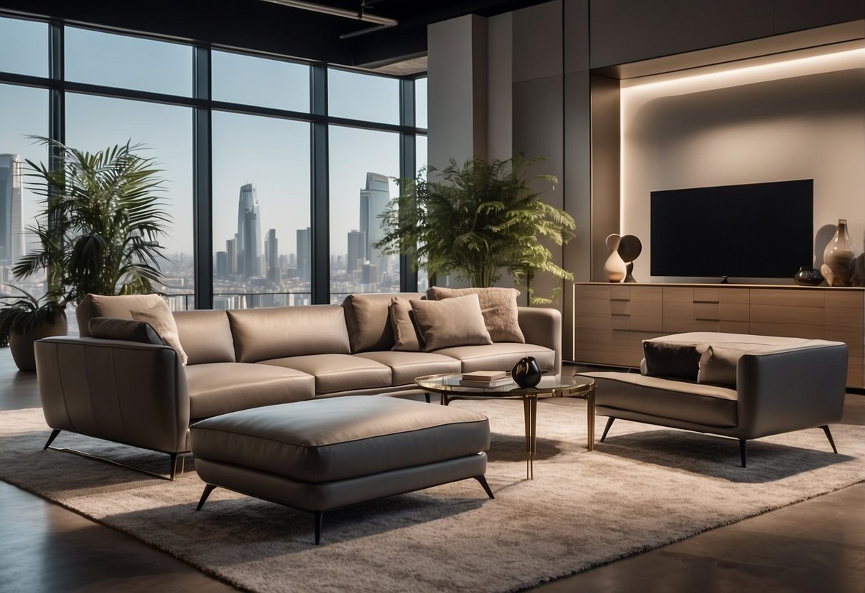 Sleek, modern furniture displayed in a well-lit showroom with clean lines and luxurious materials. Innovative designs from top Italian brands