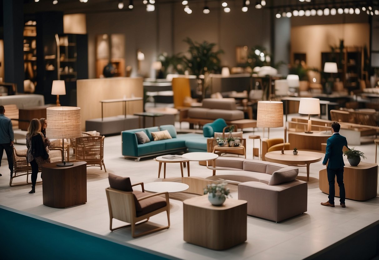 A list of Italian furniture brands surrounded by question marks and a crowd of curious customers