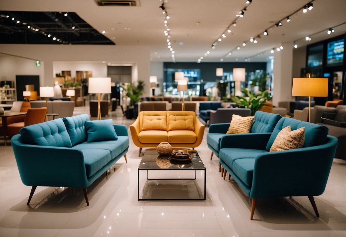 Customers browse modern sofas, tables, and chairs in the spacious Tampines Furniture Gallery. Bright lighting highlights the sleek designs and vibrant colors, creating an inviting atmosphere for shoppers