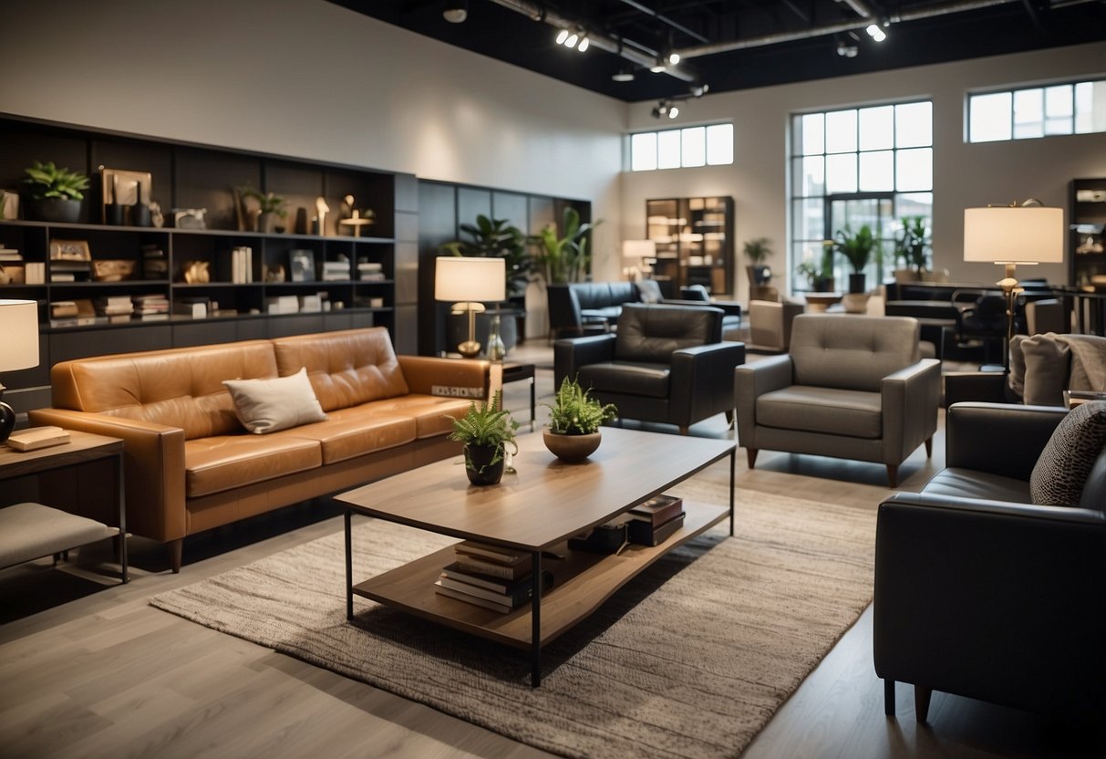 A room with various furniture options displayed in a showroom. Labels with price, dimensions, and material are visible. Customers browsing and comparing items