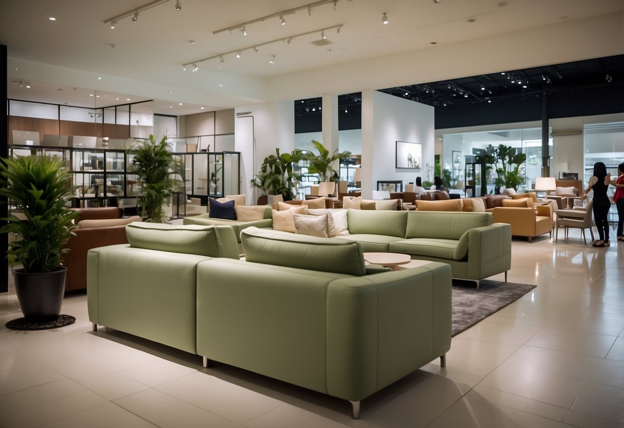 Customers browse modern furniture at Tampines Furniture Gallery, while staff assist with purchases and delivery. The showroom is bright and spacious, with stylish displays and a welcoming atmosphere