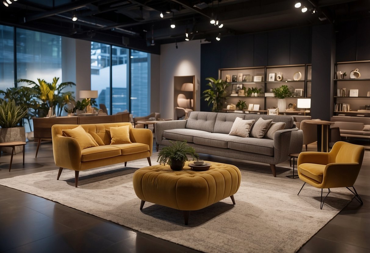 A spacious and modern furniture gallery with neatly arranged displays and a prominent "Frequently Asked Questions" section