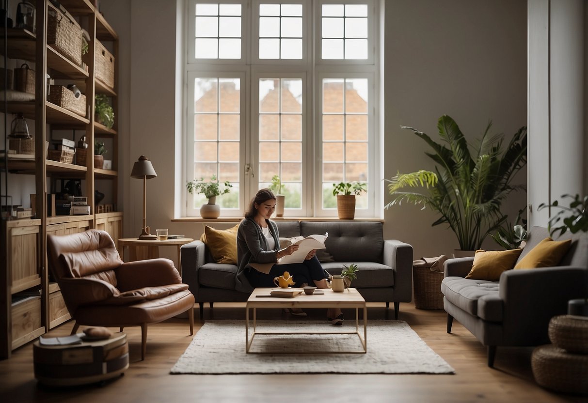 A room with various furniture items and measurements on a notepad. A person contemplating different furniture styles and sizes