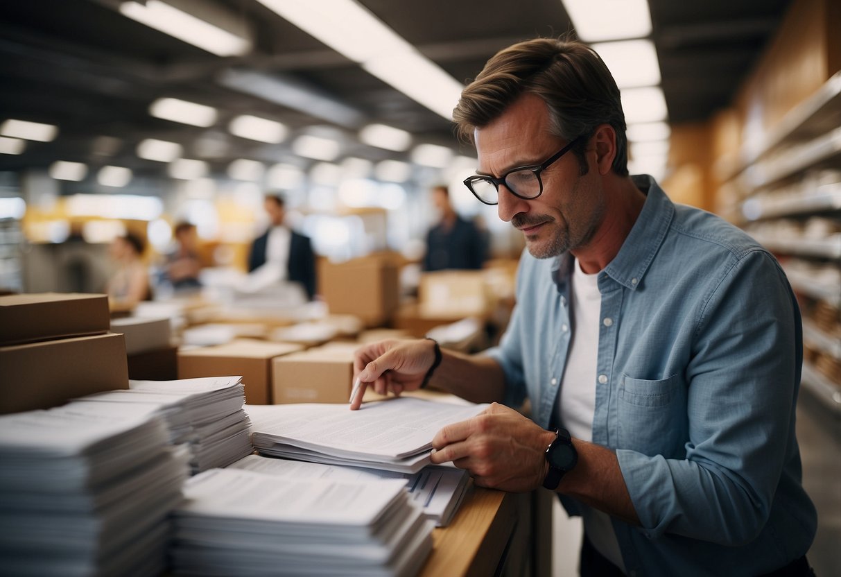 A person reviewing a budget while comparing prices for furniture in a store