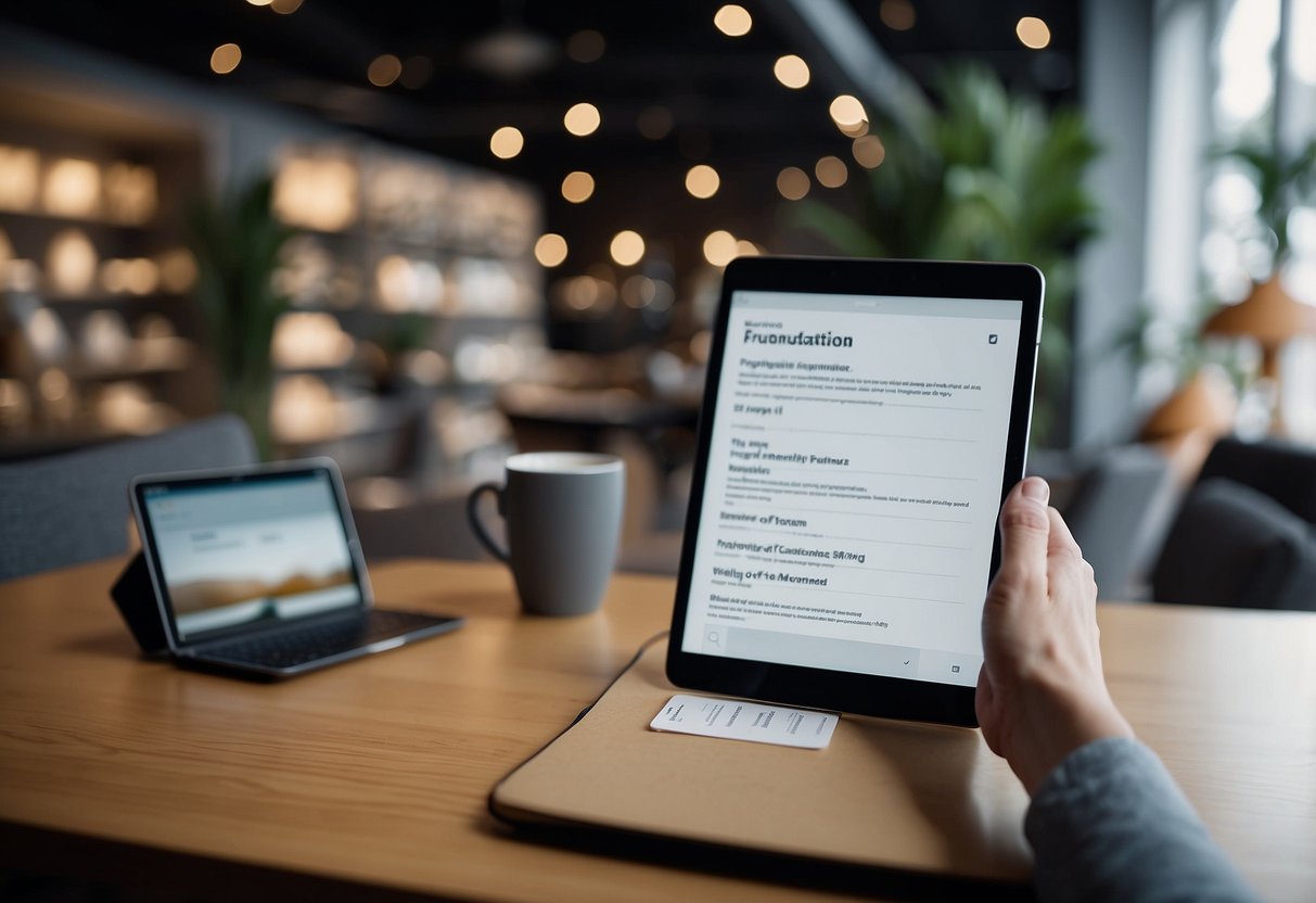 A person browsing a furniture store, looking at a list of "Frequently Asked Questions" on a tablet while considering different pieces of furniture