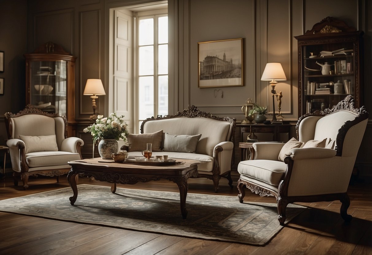 A room with a mix of furniture styles: a sleek modern sofa, a vintage wooden coffee table, and ornate Victorian armchairs