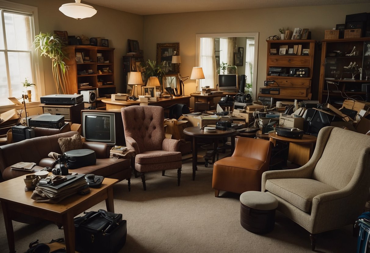 A cluttered room with various pieces of used furniture for sale, including chairs, tables, and dressers. The items are arranged haphazardly, with price tags attached