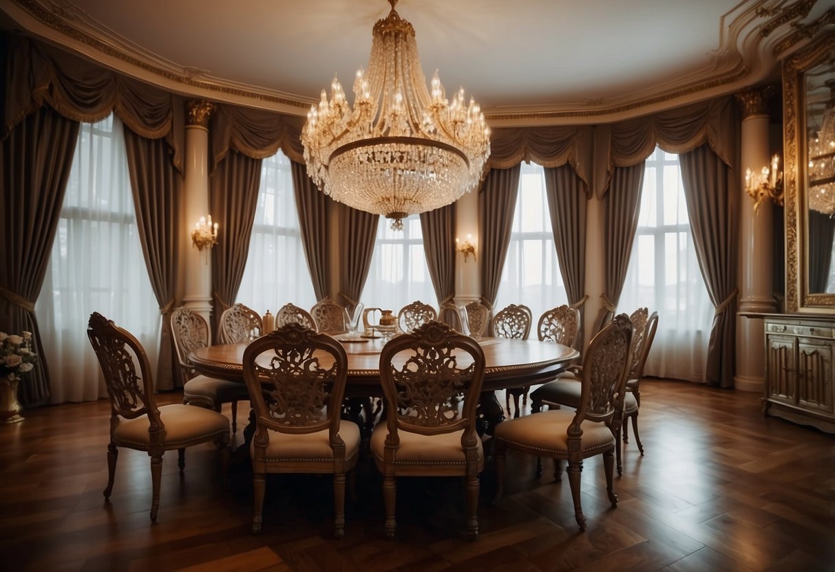 A grand dining table with ornate carvings, surrounded by high-backed chairs. A regal canopy bed with rich fabrics and intricate woodwork