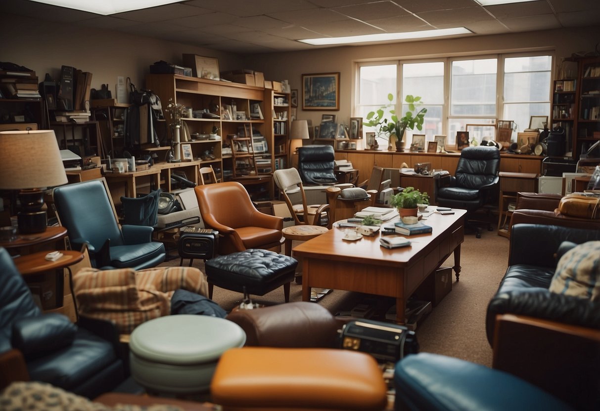 A cluttered room with various second-hand furniture items for sale, including chairs, tables, and shelves. Price tags are visible, and the room is lit with natural light
