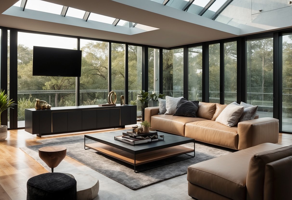 A sleek, minimalist living room with clean lines and geometric shapes. A mix of materials like metal, glass, and wood create a sophisticated and modern atmosphere