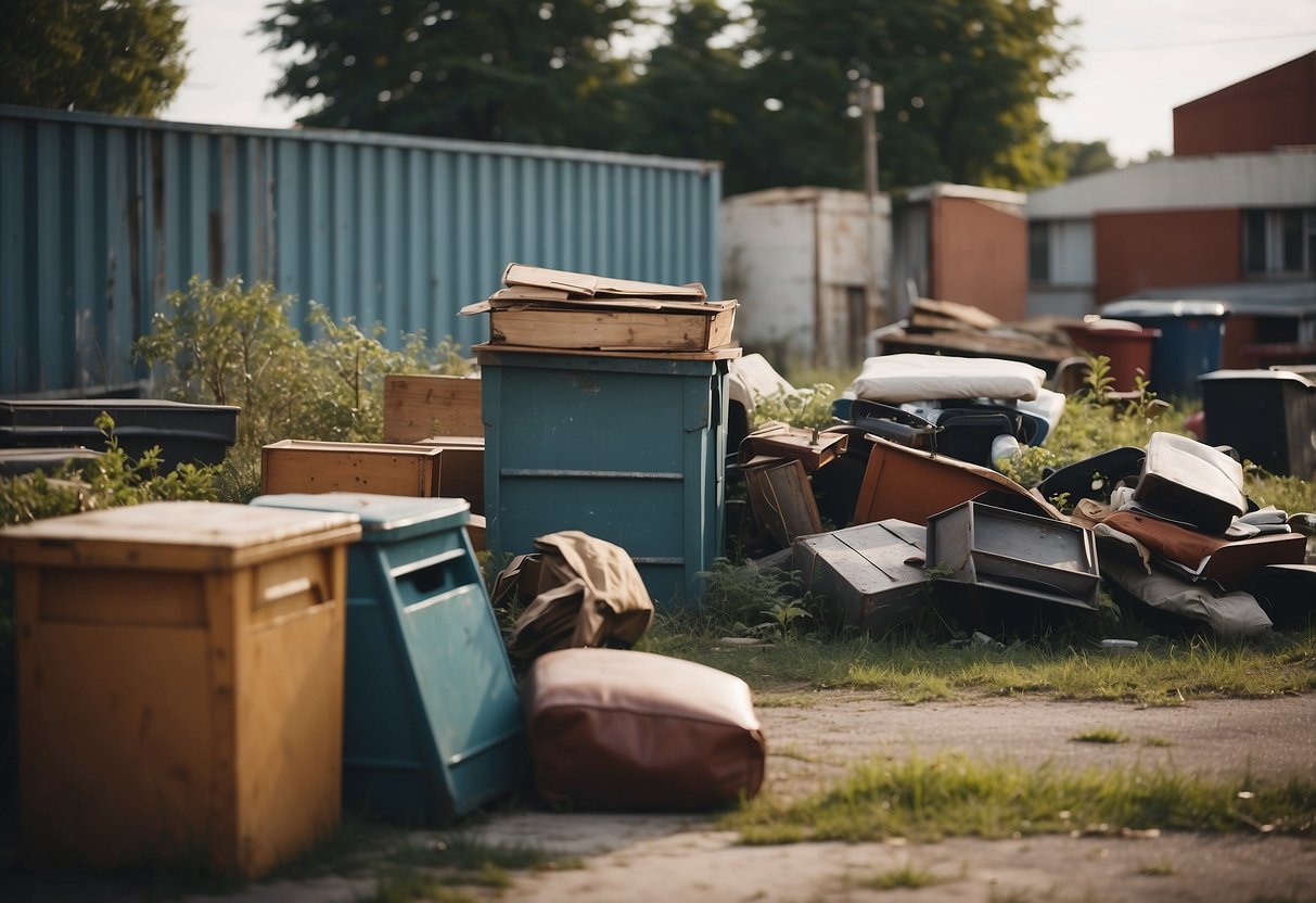Old furniture piled near a dumpster in a vacant lot