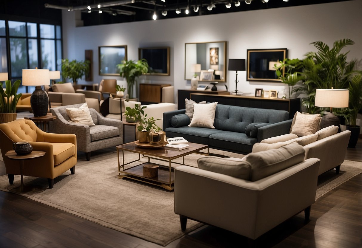 Various furniture styles displayed in a showroom, including modern, traditional, and contemporary designs. Each piece is labeled with a "Frequently Asked Questions" sign