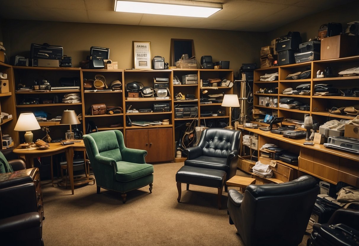 A cluttered room with various used furniture items for sale, including chairs, tables, and shelves. Signs and price tags are visible, and customers browse the selection