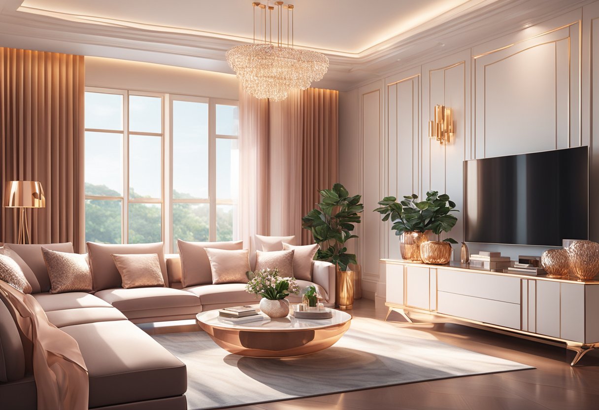 A luxurious living room with rose gold furniture in Singapore. The sunlight streams in through the windows, casting a warm glow on the elegant pieces