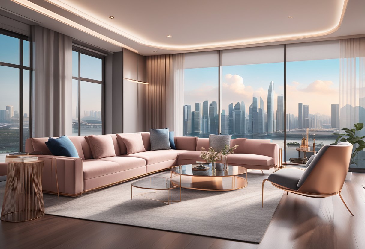 A sleek, modern living room with rose gold furniture, set against a backdrop of Singapore's bustling cityscape