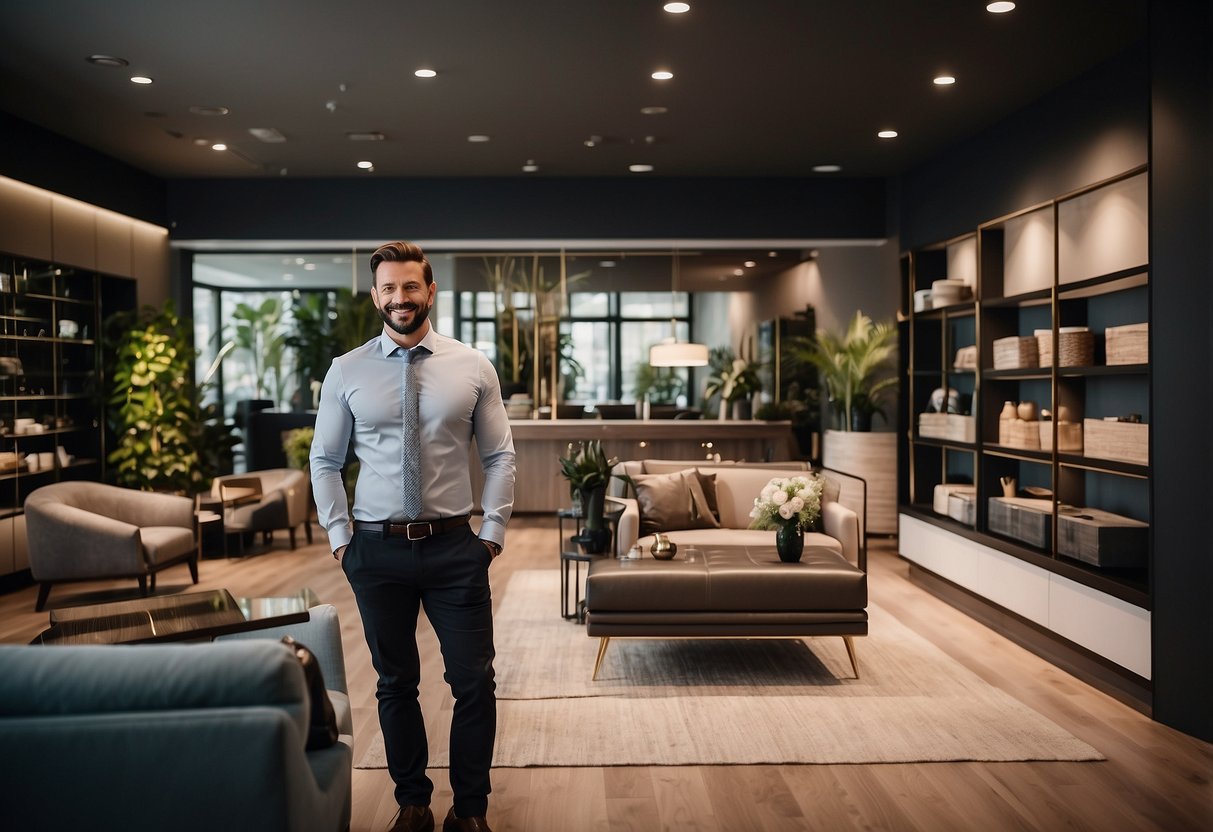 A welcoming showroom with elegant furniture displays and attentive staff assisting customers with a smile