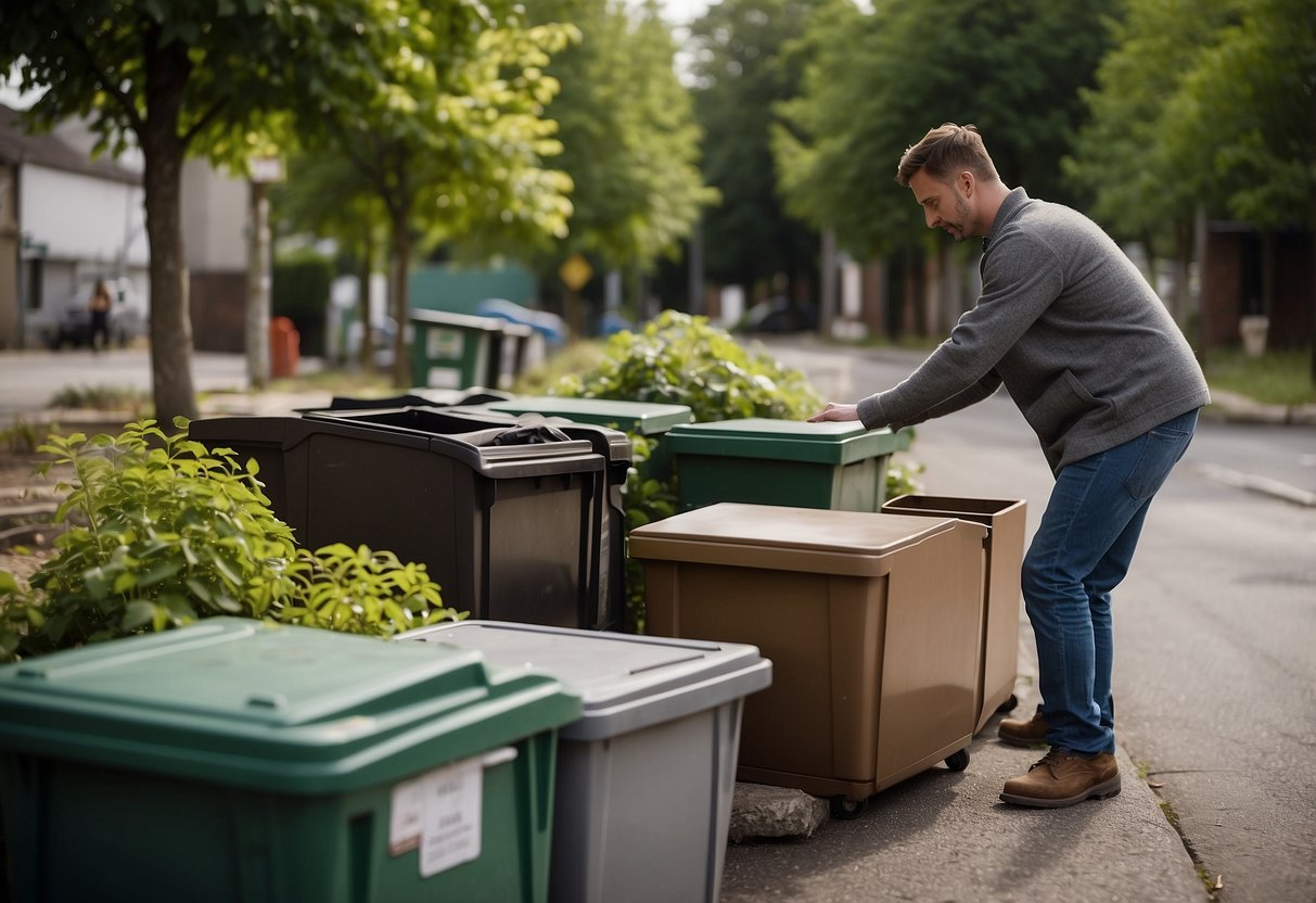 A person placing old furniture in a designated area for responsible disposal, with recycling bins nearby and a sign indicating environmental considerations