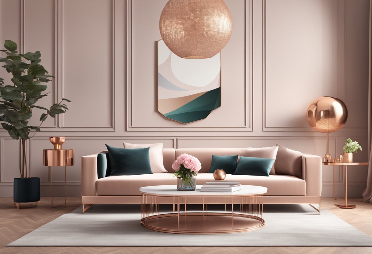 A modern living room with rose gold furniture, including a sleek coffee table, a stylish side table, and a chic floor lamp, creating an elegant and luxurious atmosphere