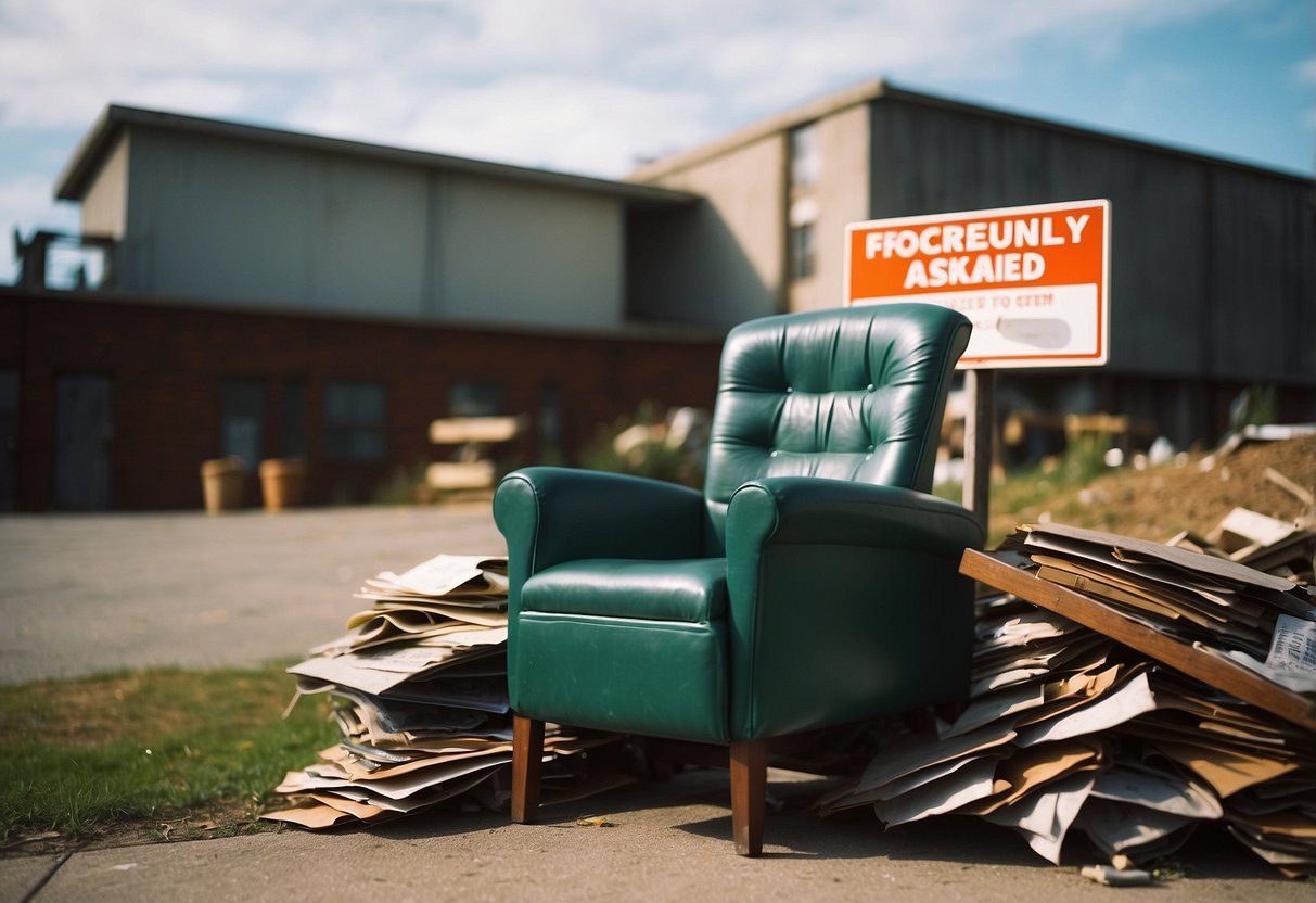 A pile of old furniture sits outside a building with a sign that reads "Frequently Asked Questions: Where can I dump old furniture?"