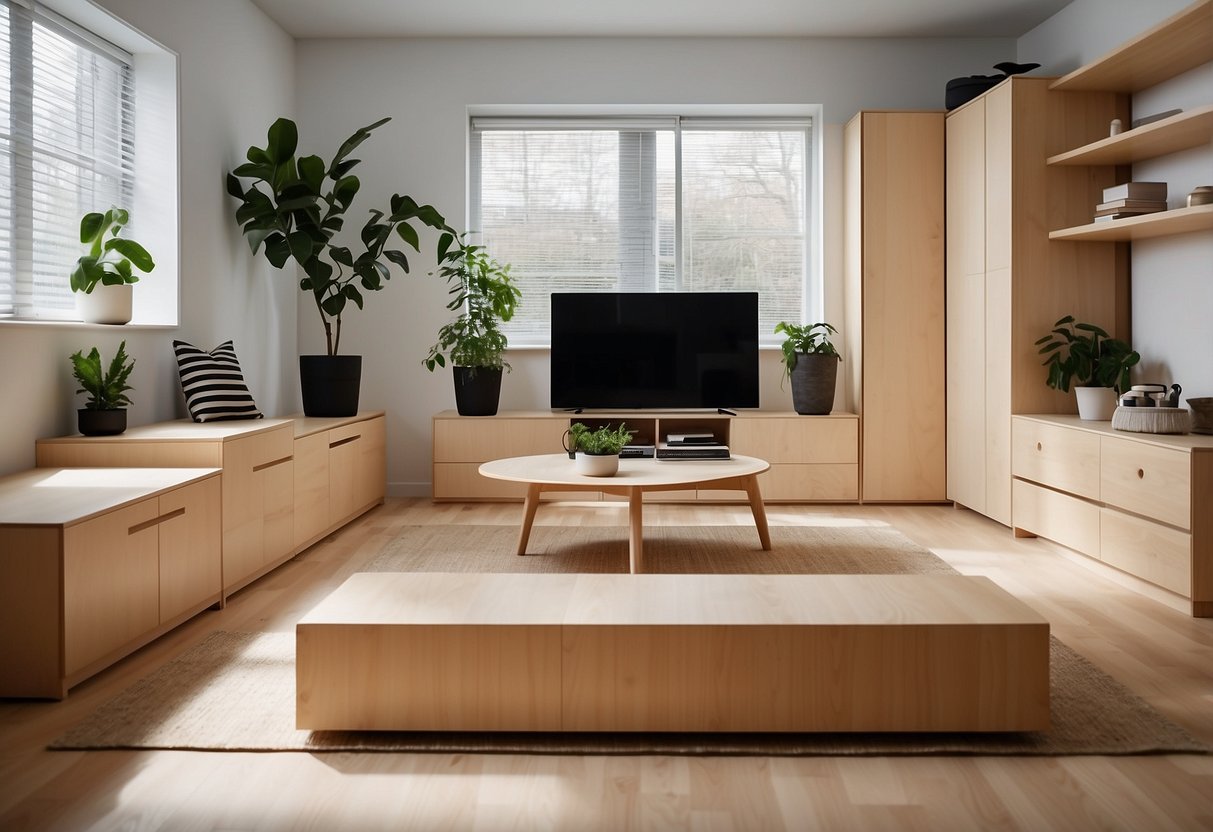 A room filled with modern, minimalist ikea plywood furniture. Clean lines, light wood tones, and simple designs create a sleek and functional space