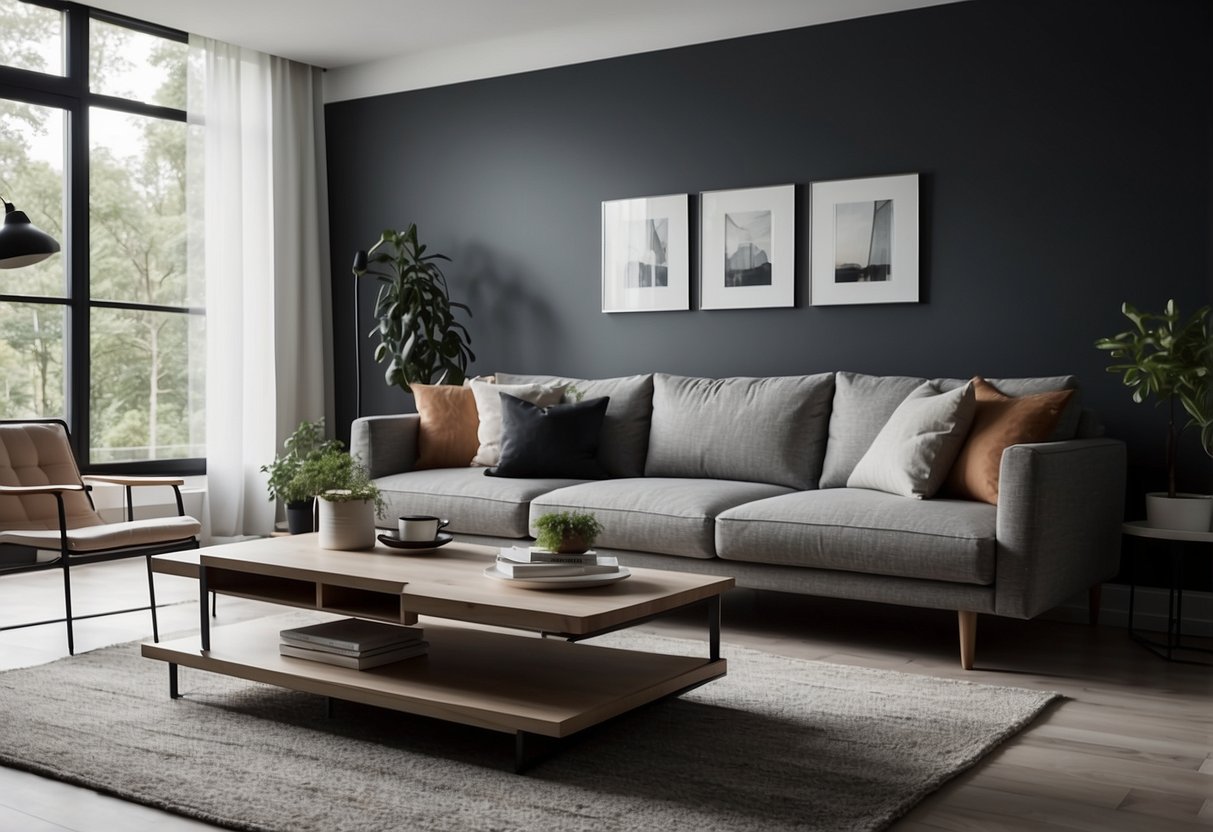 A modern living room with sleek, minimalist IKEA furniture arranged in a functional and stylish manner