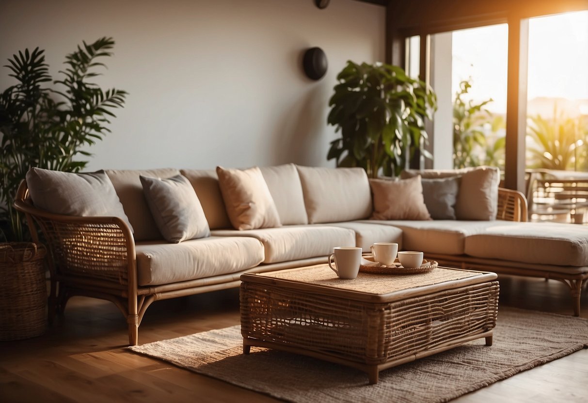 A cozy living room with indoor rattan furniture arranged around a low coffee table, with soft cushions and warm lighting
