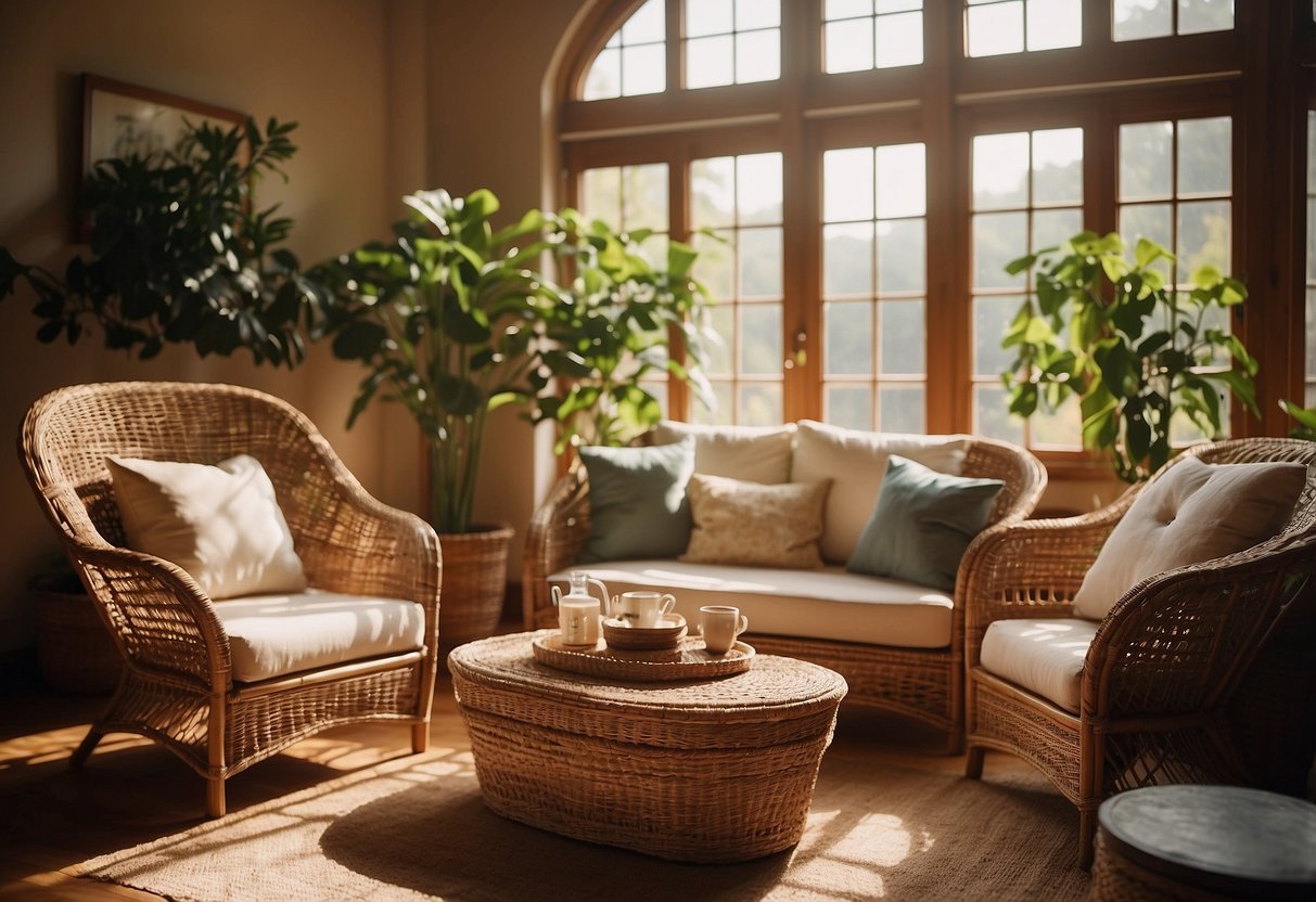 A cozy living room with rattan chairs, a coffee table, and a bookshelf. Sunlight streams in through the window, casting warm shadows on the woven furniture