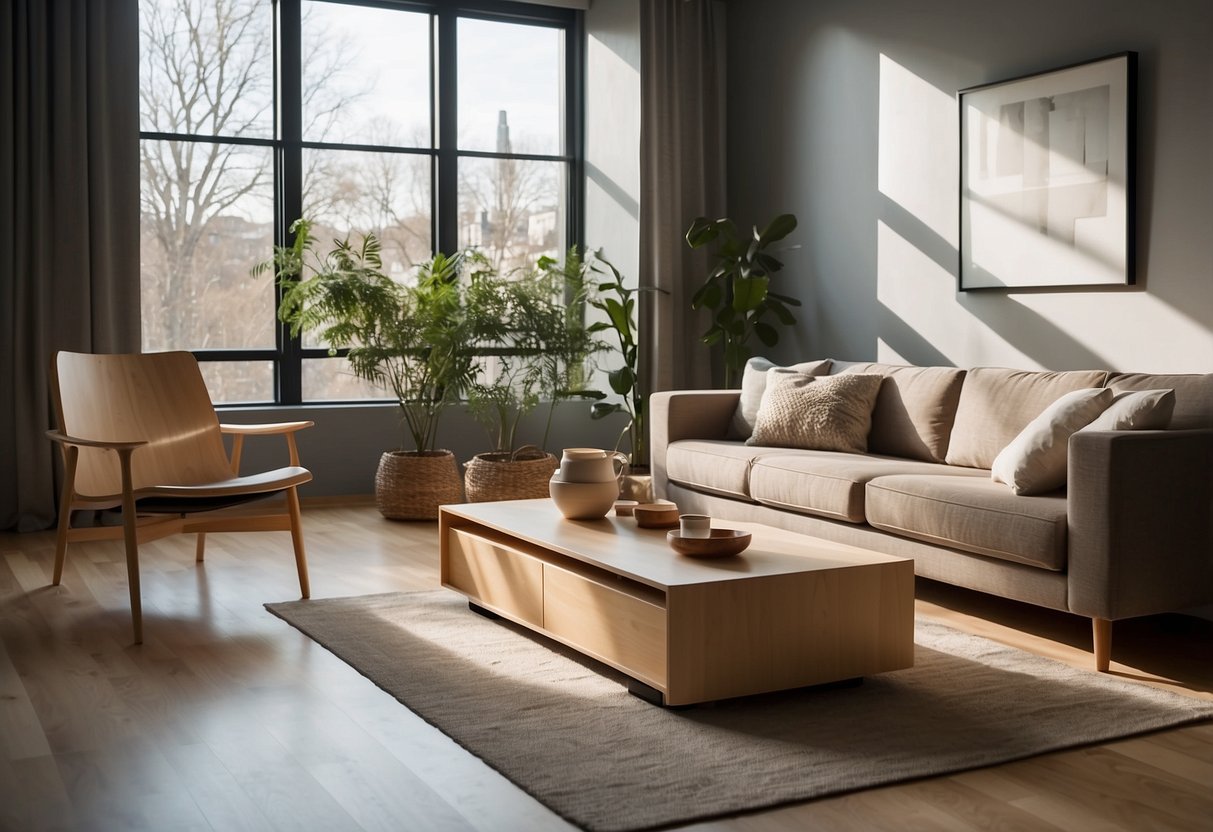 A modern living room with a sleek plywood coffee table, bookshelf, and chair from Ikea's plywood furniture range. Light pours in through large windows, casting soft shadows on the minimalist furniture