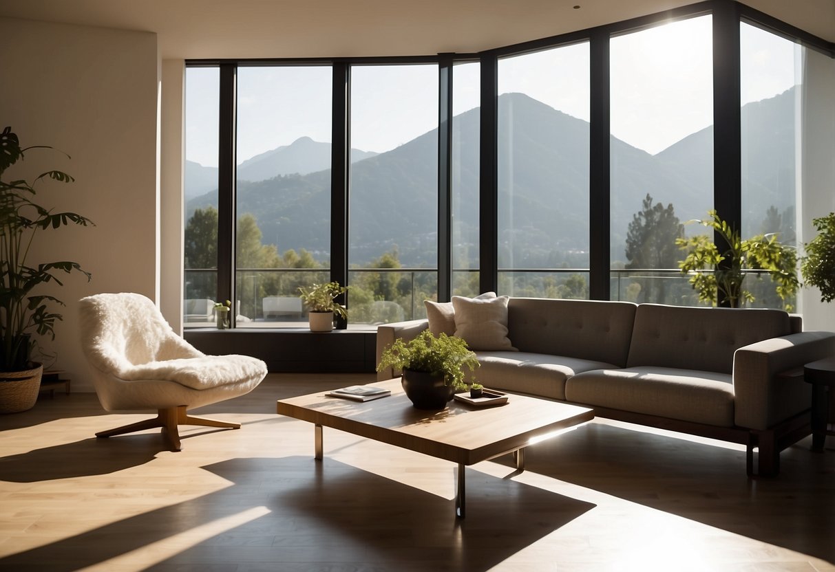 Sleek, modern living room with replica designer furniture, clean lines, and minimalistic decor. Sunlight streams through large windows, casting a warm glow on the stylish pieces