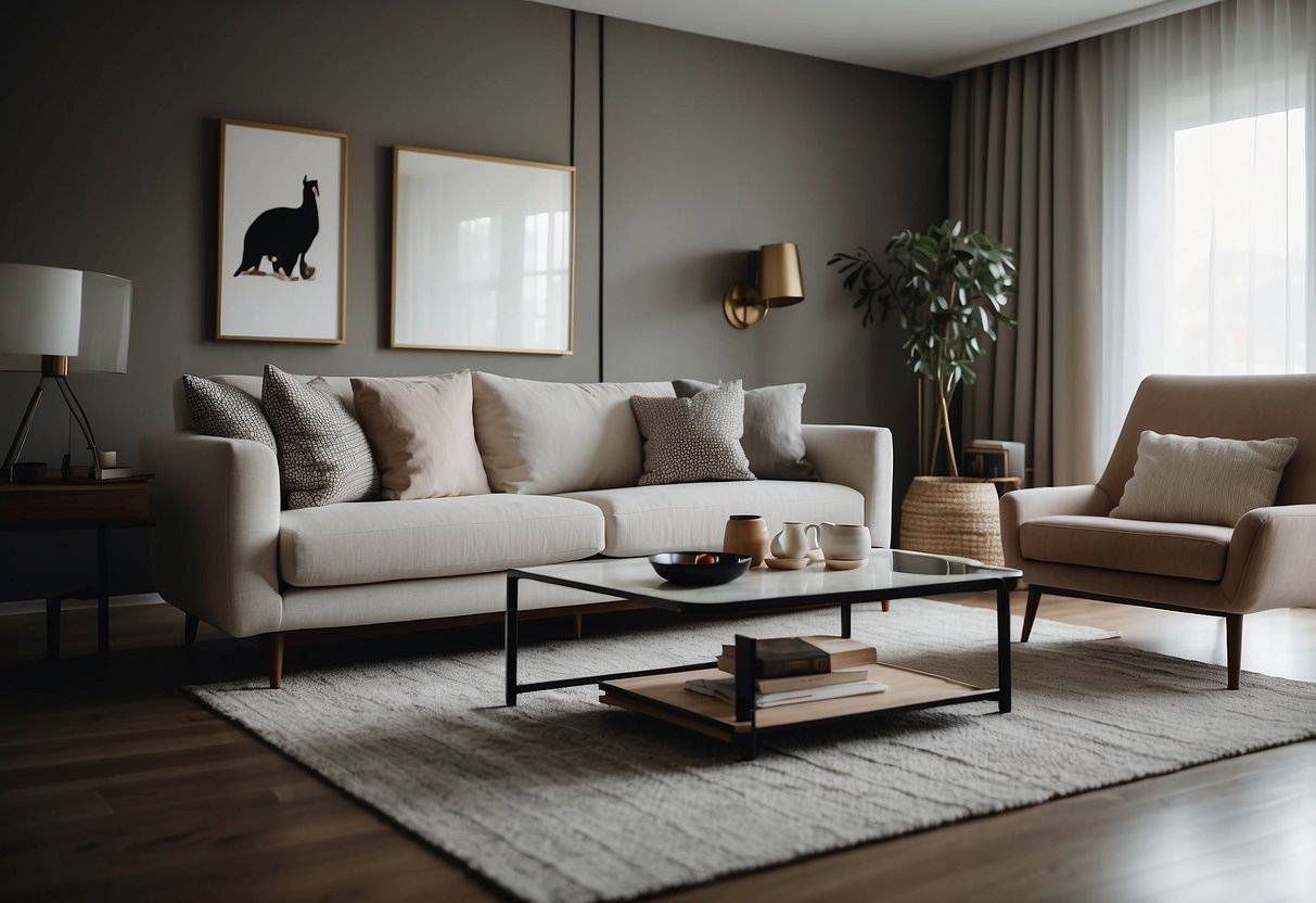 A cozy living room with a ribbon-wrapped armchair and a matching sofa, surrounded by modern minimalist decor