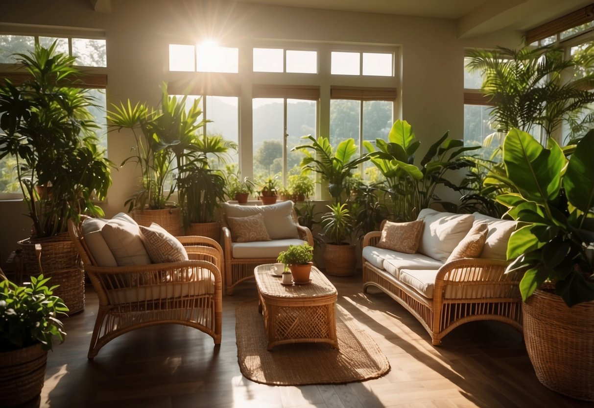 A cozy living room with a rattan sofa and chairs, adorned with soft cushions and surrounded by potted plants. Sunlight streams in through the windows, casting a warm glow on the natural fibers of the furniture