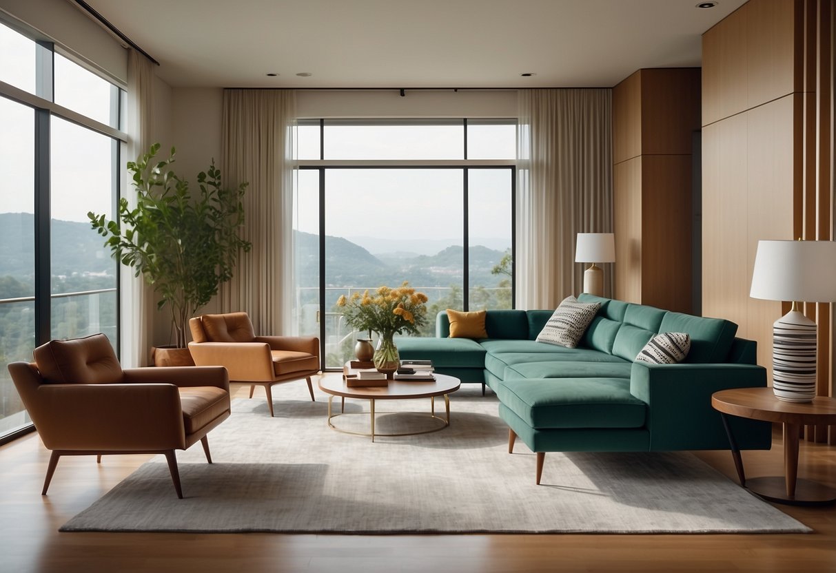A modern living room with replica designer furniture, featuring iconic mid-century pieces and contemporary designs. Bright and airy space with clean lines and sleek finishes