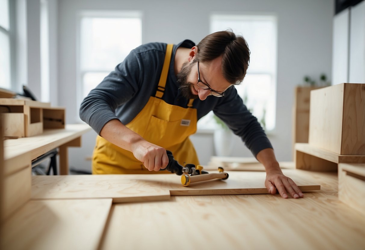 A person assembling Ikea plywood furniture with tools and instruction manual on a clean, well-lit floor