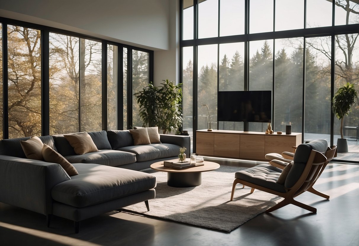 A modern living room with sleek ribbon furniture arranged in an open layout, with natural light streaming in through large windows