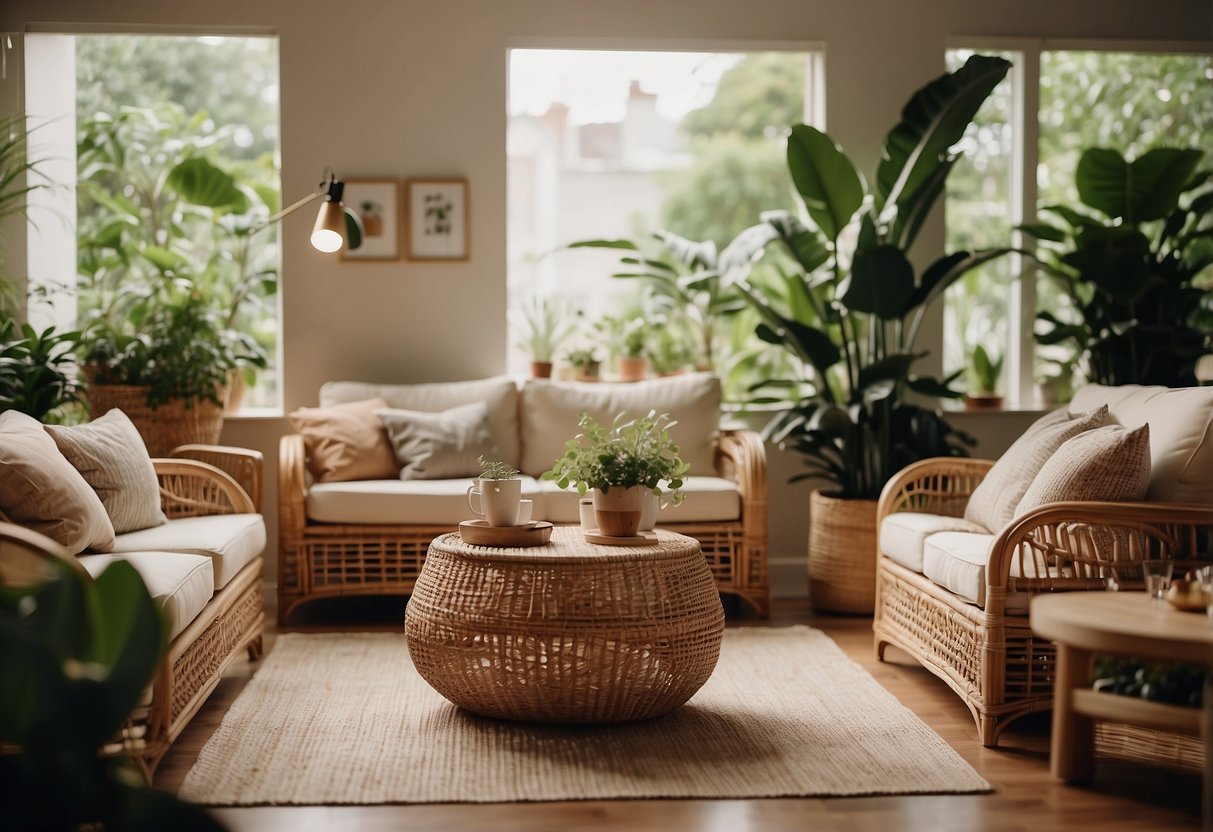 A cozy living room with a rattan sofa, chairs, and coffee table. Soft lighting and plants create a welcoming atmosphere