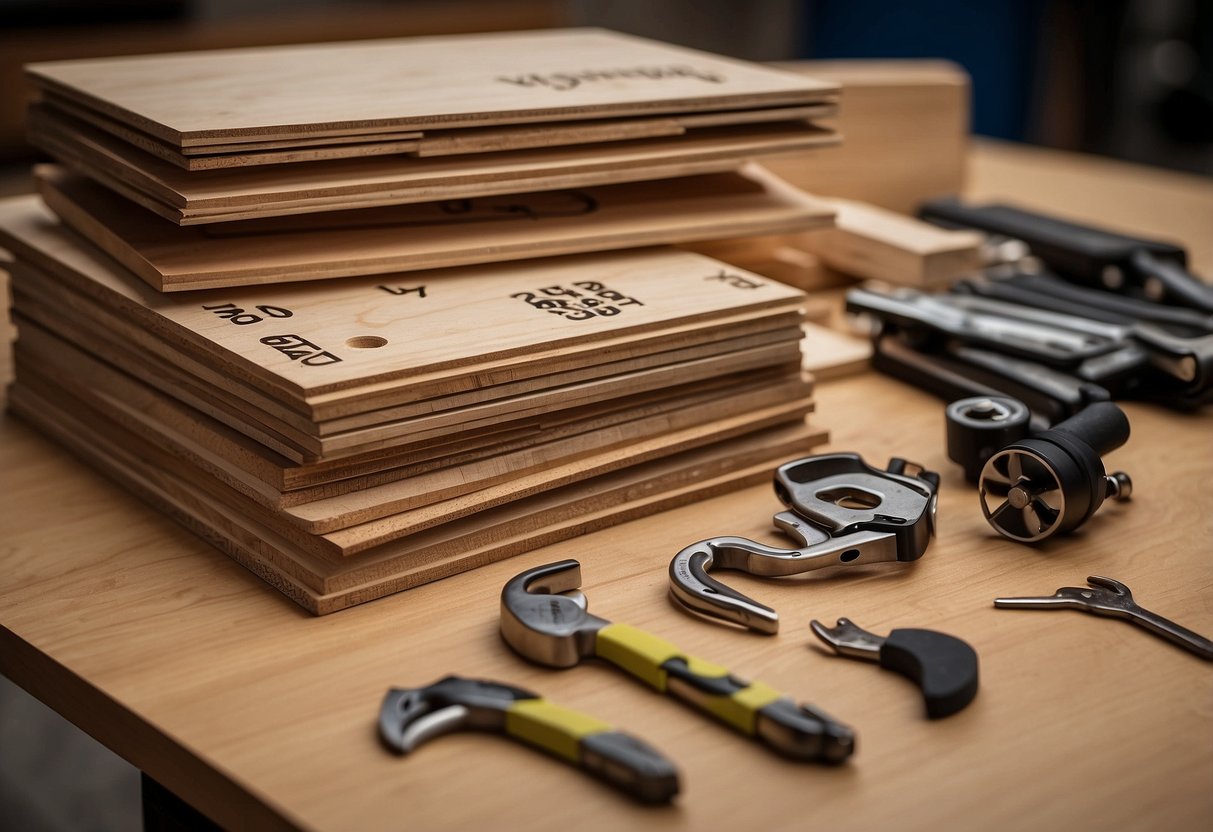 A stack of plywood furniture pieces with "Frequently Asked Questions" printed on them, surrounded by an assembly manual and tools