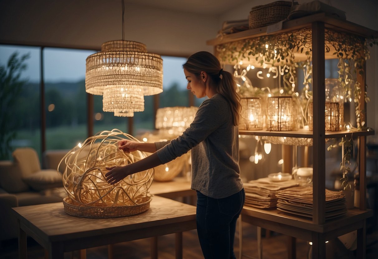 A person assembles and arranges ribbon furniture in a well-lit room, carefully tending to each piece with attention to detail and precision