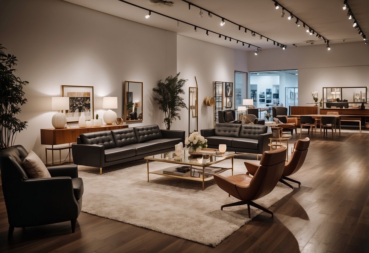 A showroom filled with modern replica designer furniture, with customers browsing and admiring the sleek and stylish pieces